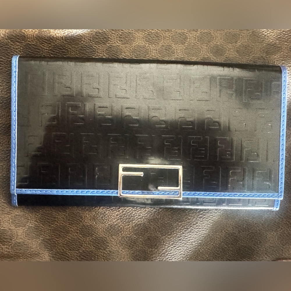 Fendi Long Wallet with electric blue outline black embossed Zucca F